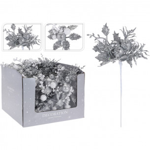 Decorazione per albero di Natale pick fiore argento H20 cm assortito