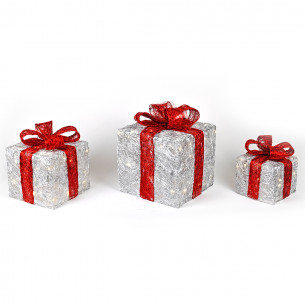 3 pacchi regalo filo metallo argento lucido con fiocco rosso a batteria 75 LED luce calda fissa Prequ