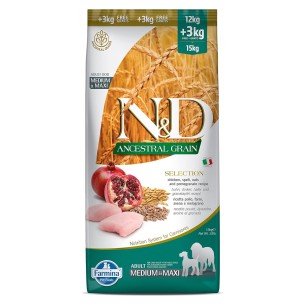 N&D Ancestral Grain Selection adult medium maxi pollo e melograno 12+3kg