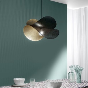 Lampadario design Rhei metallo forato nero a doppia vela