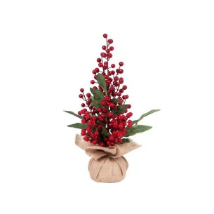 Albero di Natale pinetto foglie e bacche rosse con base in juta H48 cm Yagos Selection 092273